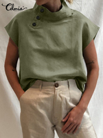 Celmia kobiety z krótkim rękawem Blusas 2022 bawełniana pościel na lato koszule moda ponadgabarytowych bluzki Casual Loose Camisas stałe tunikowe bluzki 4